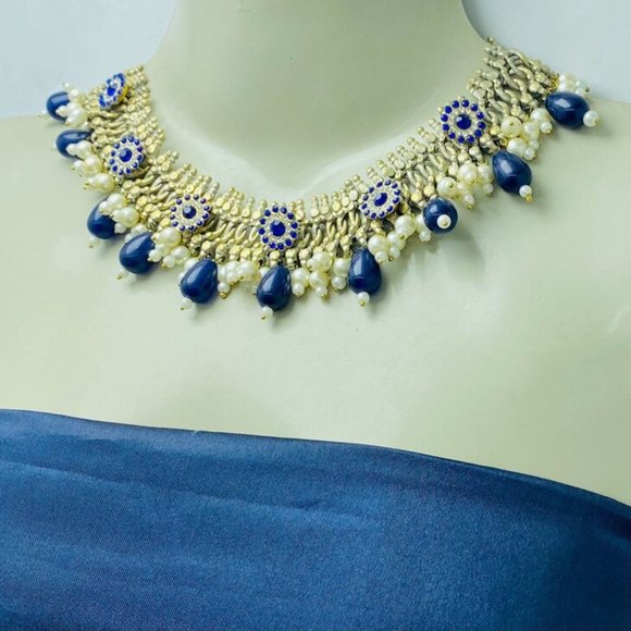 Silver Kuchi Jewelry Set With Blue Glass Stones, Vintage Boho Kuchi Handmade Tri - Picture 2 of 15